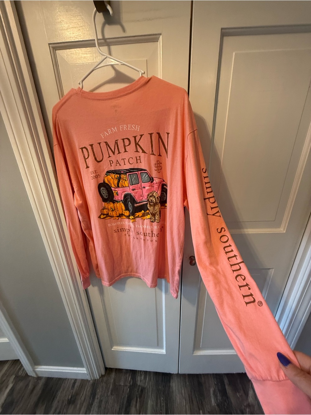Simply Southern Coral Pink Long-Sleeve Tee with Pumpkin Chest Graphic